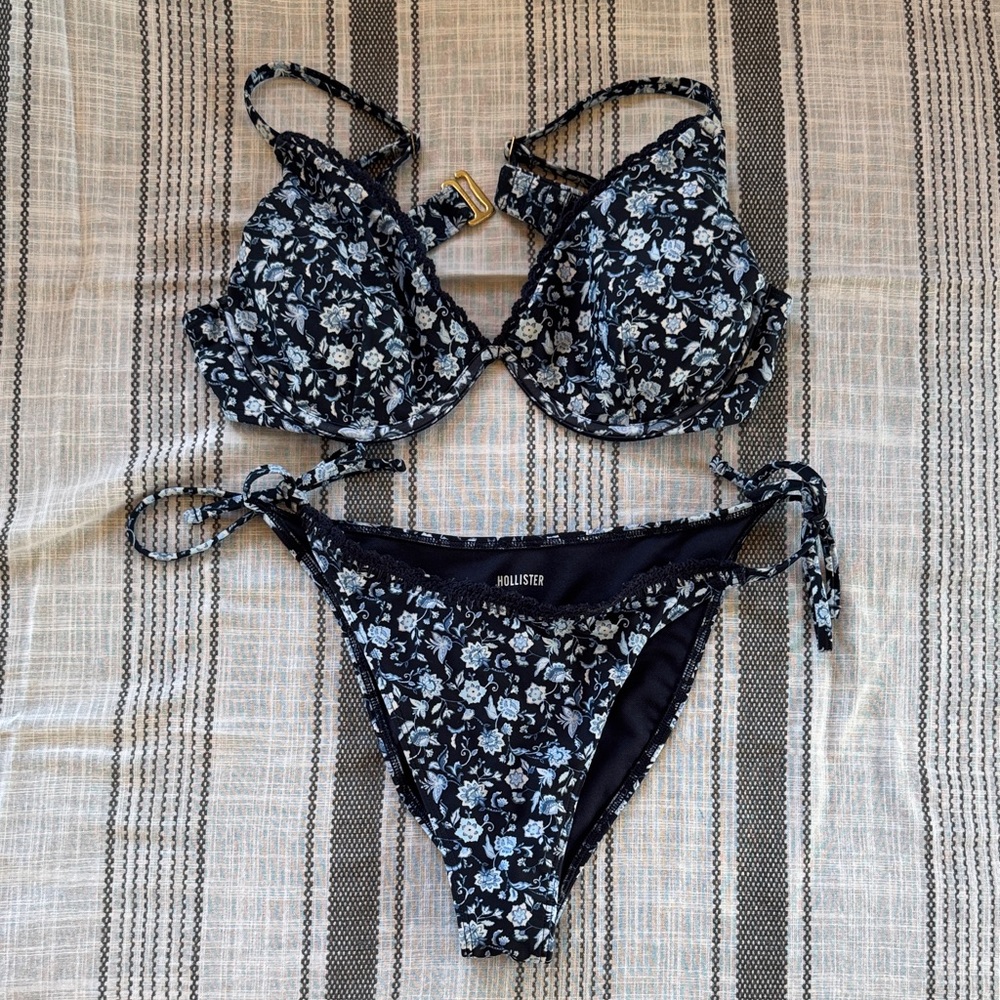 Hollister Black Floral Tie-Side Bikini Set